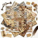 Collection of scrapbooking paper sheets with rustic textures and decorative elements on a white background.