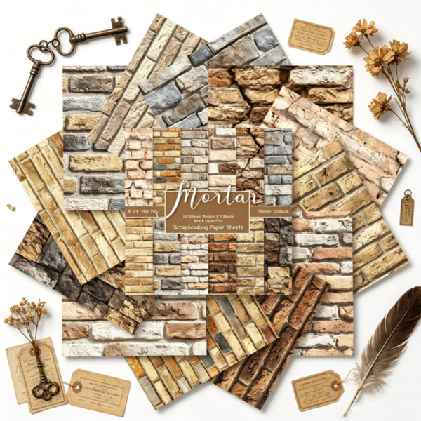 Collection of scrapbooking paper sheets with rustic textures and decorative elements on a white background.