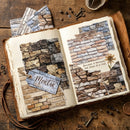 Open book with stone wall patterns and 'Mortar' tag on a wooden surface with keys and a cup.