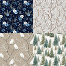 A four-panel collage showing winter-themed fabric or wallpaper patterns: dark navy with blue and white floral motifs, a light beige branch pattern with white snow, a beige owl-and-branch pattern, and a cream forest scene with green and blue pine trees.