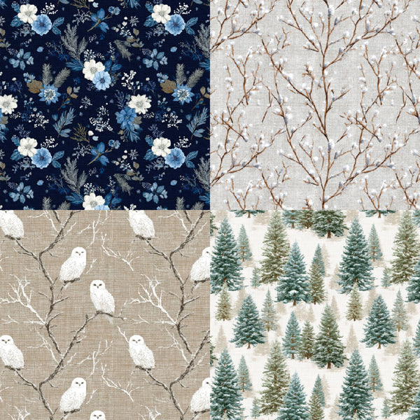 A four-panel collage showing winter-themed fabric or wallpaper patterns: dark navy with blue and white floral motifs, a light beige branch pattern with white snow, a beige owl-and-branch pattern, and a cream forest scene with green and blue pine trees.