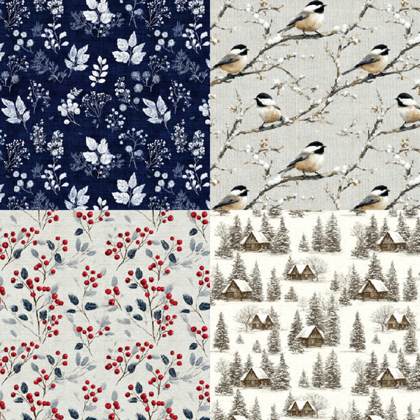Four fabric or wallpaper pattern swatches arranged in a 2x2 grid: dark navy with white floral motifs, light beige with birds on branches, red berries with muted blue-gray leaves, and a snowy winter village scene in beige and brown tones.