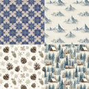 Four fabric or wallpaper pattern swatches arranged in a 2x2 grid: blue snowflakes on beige, blue-and-white snowy mountains, brown pinecones and snowflakes on white, and cabins in a snowy forest with blue, white, and brown tones.