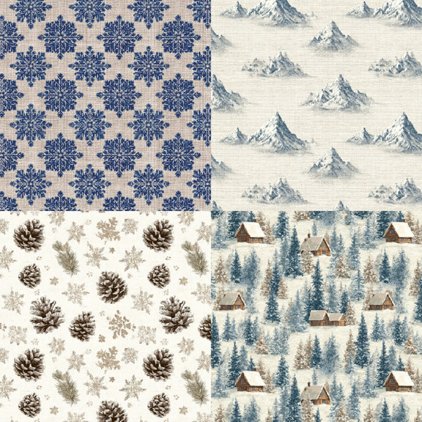 Four fabric or wallpaper pattern swatches arranged in a 2x2 grid: blue snowflakes on beige, blue-and-white snowy mountains, brown pinecones and snowflakes on white, and cabins in a snowy forest with blue, white, and brown tones.
