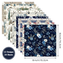 A set of 12 patterned paper sheets arranged in a fan stack, showing various winter and floral designs. The front sheet features a dark navy blue background with blue, white, and light blue floral motifs.