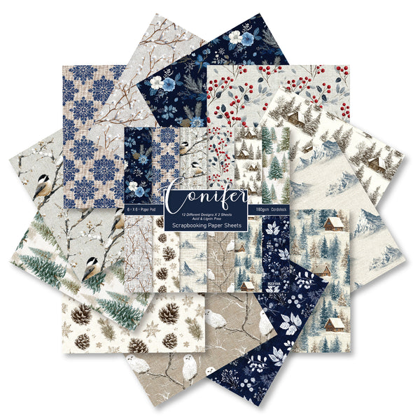 A fan arrangement of multiple patterned paper sheets with winter and nature motifs, including snowflakes, birds, pinecones, trees, cabins, and floral designs. A central label reads 'conifer' and '12 Coaster Papers & Sheets'.