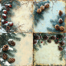 A four-panel holiday-themed background design featuring pine branches with snow, pinecones, and small red berries on a distressed cream and pale blue textured grid layout.