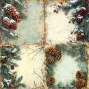 A square collage of four rustic winter-themed textured panels, each decorated with pine branches, snow-dusted pinecones, and small red berries, leaving blank center areas for text or design placement.