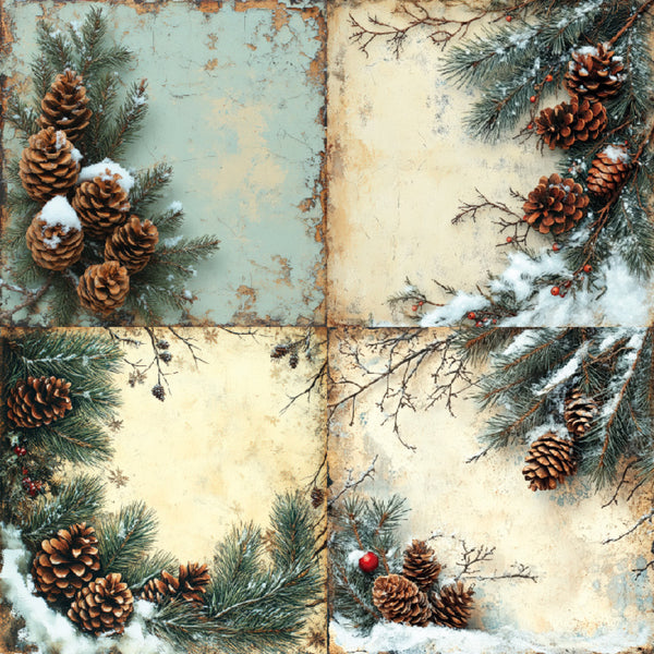 A square collage of four rustic panels decorated with pine branches, pinecones, and light snow, with small red berries scattered throughout.