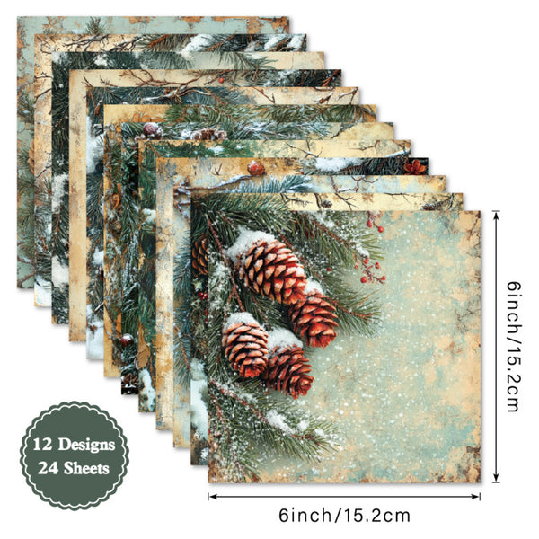 A set of 12 decorative paper sheets with a winter pine design, shown in a fanned-out arrangement on a white background. The design features pine branches, snow, and two pinecones.