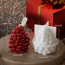 Red pine cone-shaped candle and white bubble-patterned candle mold on a round surface with measurements displayed.