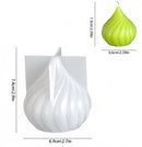 A white garlic-shaped decorative candle shown with dimension labels, alongside a smaller green garlic-shaped candle showing height and width measurements.
