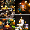 Collage of various candles in different settings, including a dinner table and decorative arrangements.