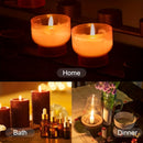 A collage showing lit candles in home, bath, and dinner settings. The top panel shows two glowing orange taper candles on a dark shelf under the label 'Home.