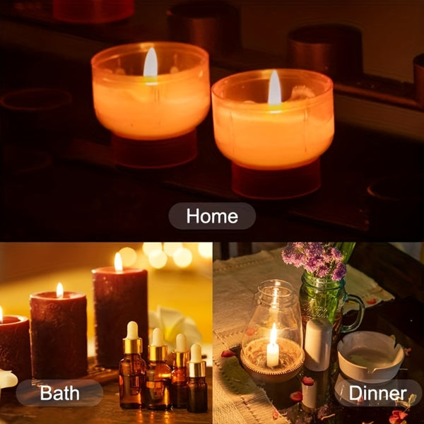 A collage showing lit candles in home, bath, and dinner settings. The top panel shows two glowing orange taper candles on a dark shelf under the label 'Home.