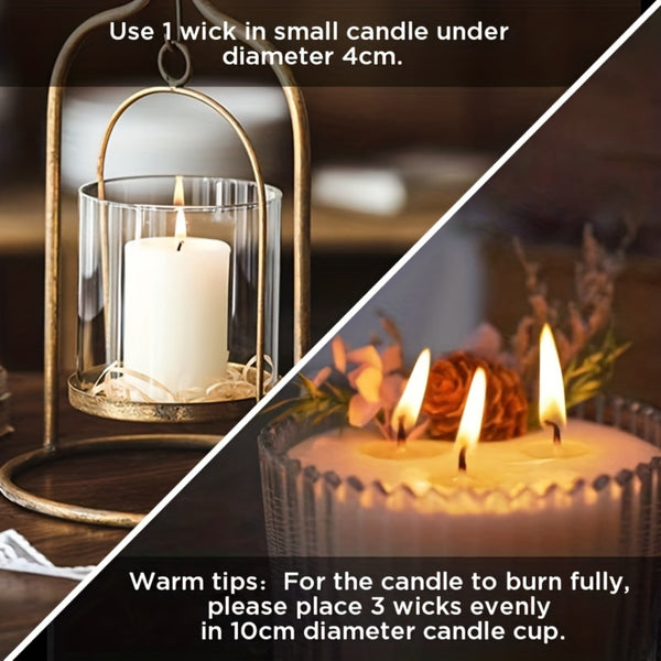 A split-screen instructional graphic showing two lit candles with overlaid text instructions: use 1 wick in a small candle under 4cm diameter, and warm tips for a 10cm diameter candle with 3 wicks. The left side shows a white candle in a brass-toned glass lantern, and the right side shows a white candle with three flames in a ribbed glass holder with flowers.