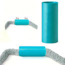 A turquoise cylindrical sleeve or tube shown in three views on a white background, including one view with gray fuzzy material extending from both ends and small arrows indicating width adjustment.