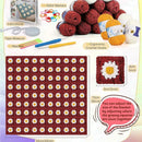 Crochet blanket kit layout showing a completed daisy-patterned blanket, yarn balls, crochet hooks, tape measure, stitch markers, and instructions on a pastel background.