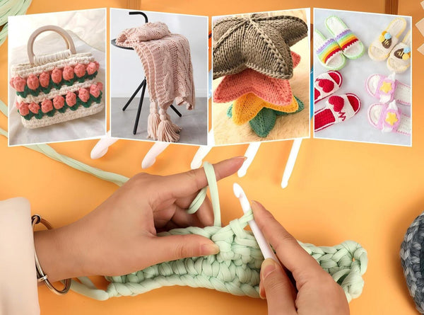 Collage of crochet and knitting projects with a person crocheting on an orange background.
