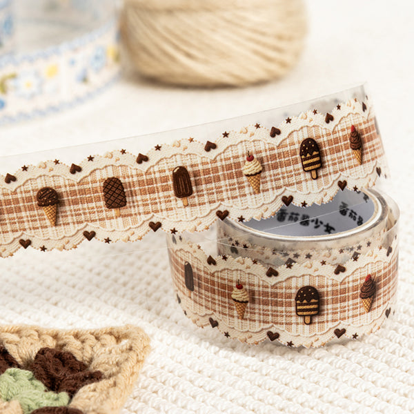 Decorative ribbon with ice cream cone pattern on a textured surface