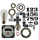 Collection of steampunk-themed decorative elements including gears, pipes, a light bulb, and numbers.