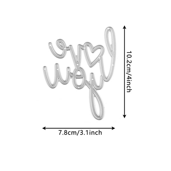 Metal word cutout with 'LOVE' and a heart, showing dimensions on a white background