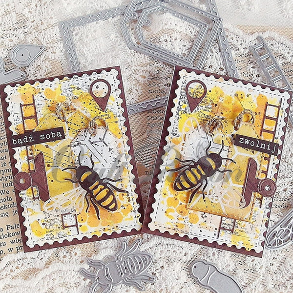 Two handmade cards with bee designs and metal dies on a textured surface.