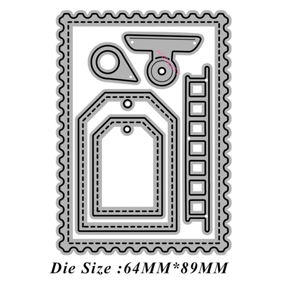 Metal cutting die with tag and scroll design on a white background