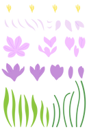 Decorative pattern of purple flowers and green grass on a white background