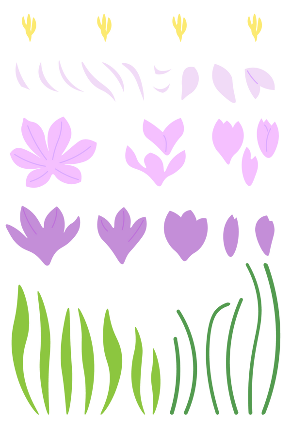 Decorative pattern of purple flowers and green grass on a white background