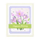 Card with pink flowers and 'happiness blooming' text on a white background