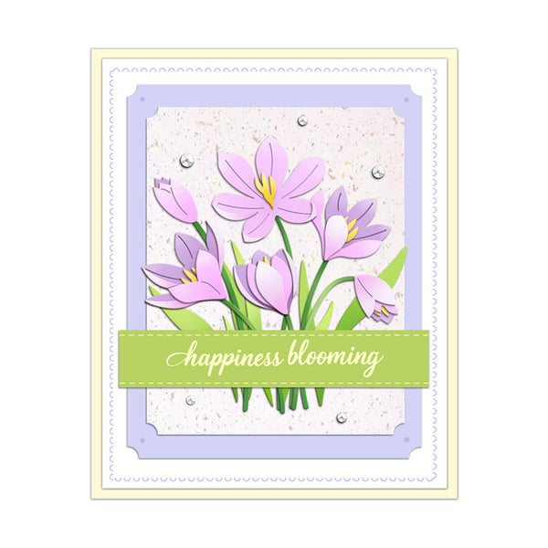 Card with pink flowers and 'happiness blooming' text on a white background