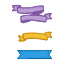 Three ribbon-shaped patches in purple, yellow, and blue on a white background