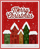 Red Christmas card with snowflakes, 'Merry Christmas' text, and colorful houses.