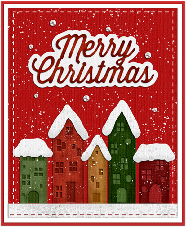 Red Christmas card with snowflakes, 'Merry Christmas' text, and colorful houses.