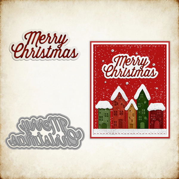Christmas-themed card with 'Merry Christmas' text and a small village illustration on a textured background.