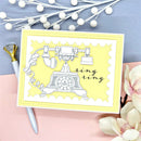 Greeting card with vintage telephone design and 'ring ring' text on a pastel background.