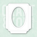 A white rectangular die-cut sticker or label with an oval center cutout, shown on a pale mint green background with faint decorative text.