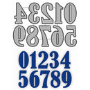 A sheet of die-cut numbers for crafts or scrapbooking, featuring gray numbers 0-9 with white and black outlines on the top row, and blue numbers 0-9 on the bottom row, all on a white background.