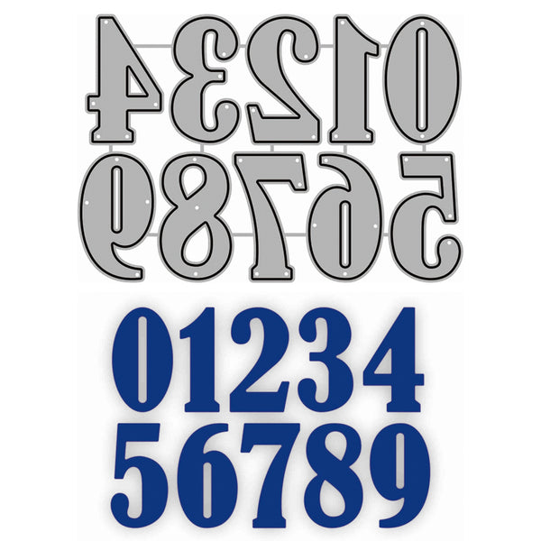 A sheet of die-cut numbers for crafts or scrapbooking, featuring gray numbers 0-9 with white and black outlines on the top row, and blue numbers 0-9 on the bottom row, all on a white background.