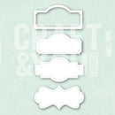Four white decorative label or frame-shaped die-cut shapes arranged vertically on a pale mint green background with faint 'CRAFT & DESIGN' watermark text.