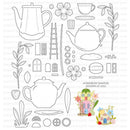A sheet of black-and-white line-art clipart elements including teapots, flowers, leaves, windows, a ladder, cups, and small decorative motifs, plus two small colorful house illustrations and text reading 'ASSEMBLED SAMPLES (SHOWN AT 40%)'.