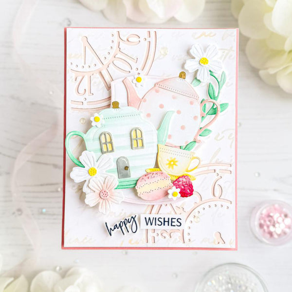 Greeting card with decorative elements and 'happy wishes' text on a light background