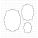 Three scalloped decorative label frames in gray outlines on a white background with a faint repeating Paperay Ink watermark.