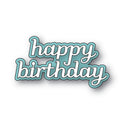 A die-cut sticker or decal with the words 'happy birthday' in white cursive lettering, outlined in light blue, shown on a plain white background.