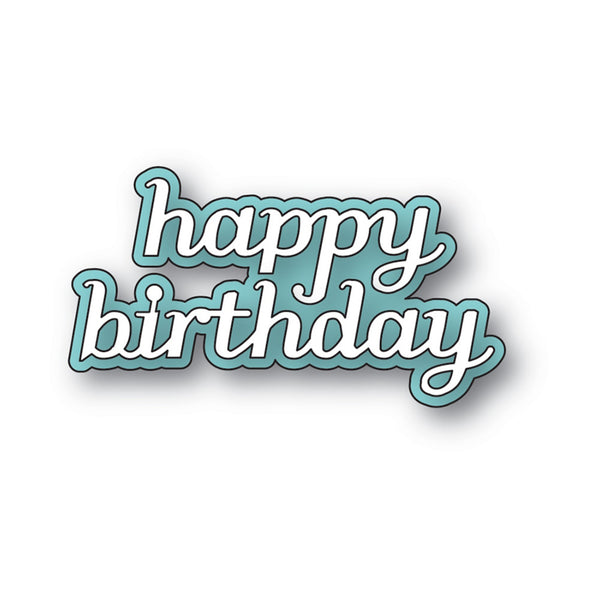 A die-cut sticker or decal with the words 'happy birthday' in white cursive lettering, outlined in light blue, shown on a plain white background.