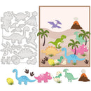 A dinosaur-themed craft or decoration set shown on a white background: a sheet of gray dinosaur cutout shapes on the left, a framed colorful illustrated scene with multiple dinosaurs, palm trees, eggs, and a volcano on the right, and several loose dinosaur and egg cutouts along the bottom.