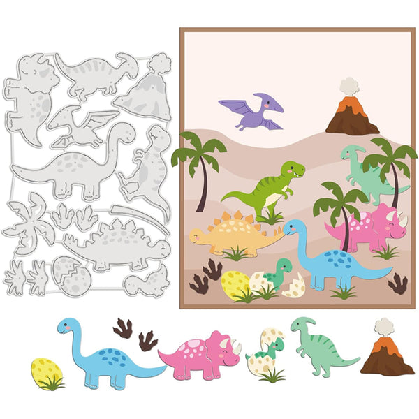 A dinosaur-themed craft or decoration set shown on a white background: a sheet of gray dinosaur cutout shapes on the left, a framed colorful illustrated scene with multiple dinosaurs, palm trees, eggs, and a volcano on the right, and several loose dinosaur and egg cutouts along the bottom.