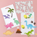 Dinosaur-themed sticker sheets and die-cut stickers displayed on a pink background, featuring colorful dinosaurs, palm trees, eggs, and an orange volcano.