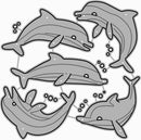 A black and white cartoon illustration of five dolphins swimming in a circle with small bubble clusters around them, shown on a plain white background.